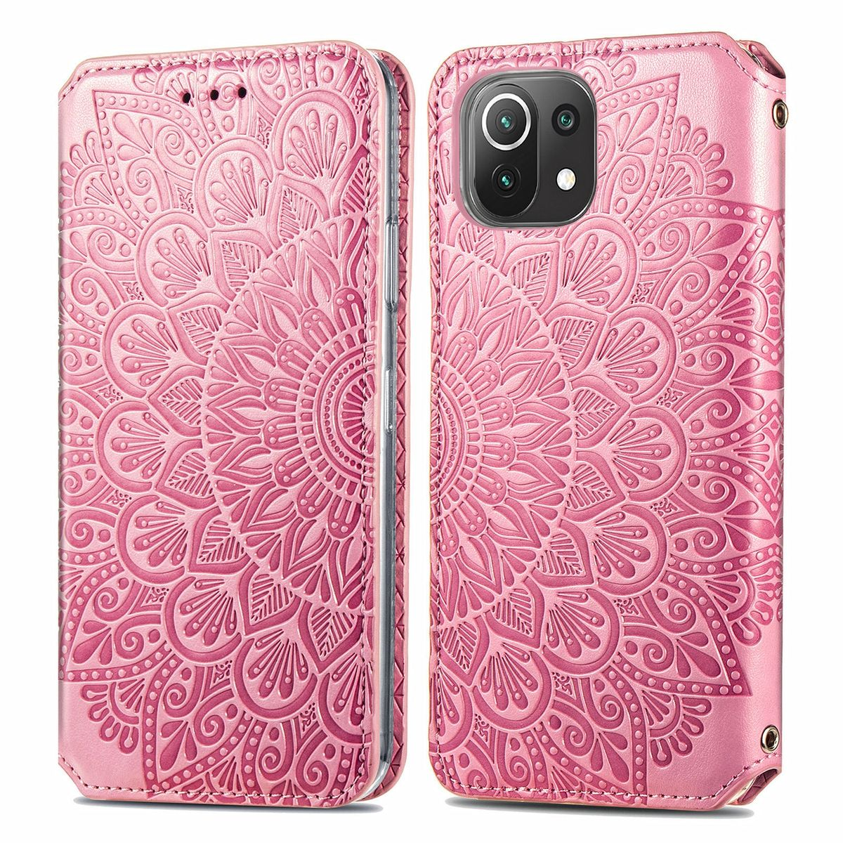 Rosa Handyhülle, offen, mit Mandala-Design. Geöffnet, Design sichtbar.