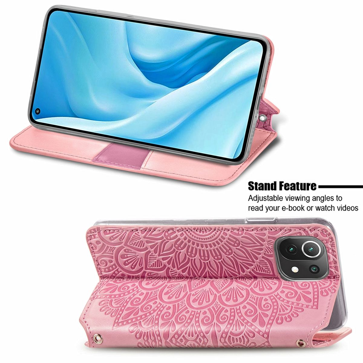 Rosa Handyhülle mit Mandala-Design. Das Telefon wird im Standmodus angezeigt.
