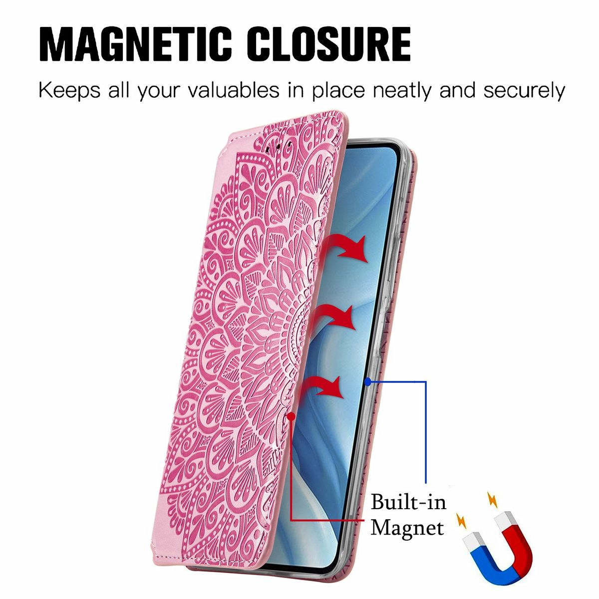 Rosa Handyhülle mit Mandala-Design, Magnetverschluss. Das Telefon innen mit hellrosa Rückseite.