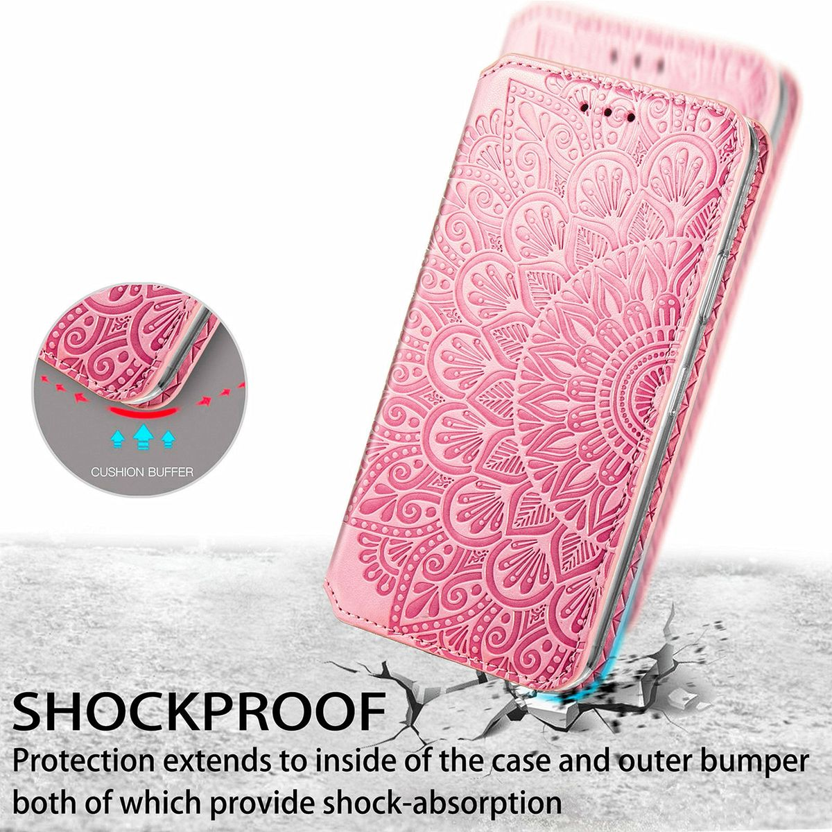 Eine rosa Handyhülle mit Mandala-Design, stoßfest, auf einer gerissenen Oberfläche.