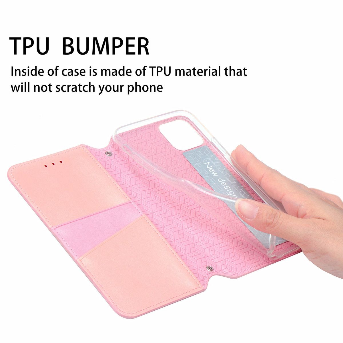 Eine rosa Handyhülle mit einem transparenten Einsatz, der den TPU-Stoßfänger zeigt, und eine Hand hält sie.