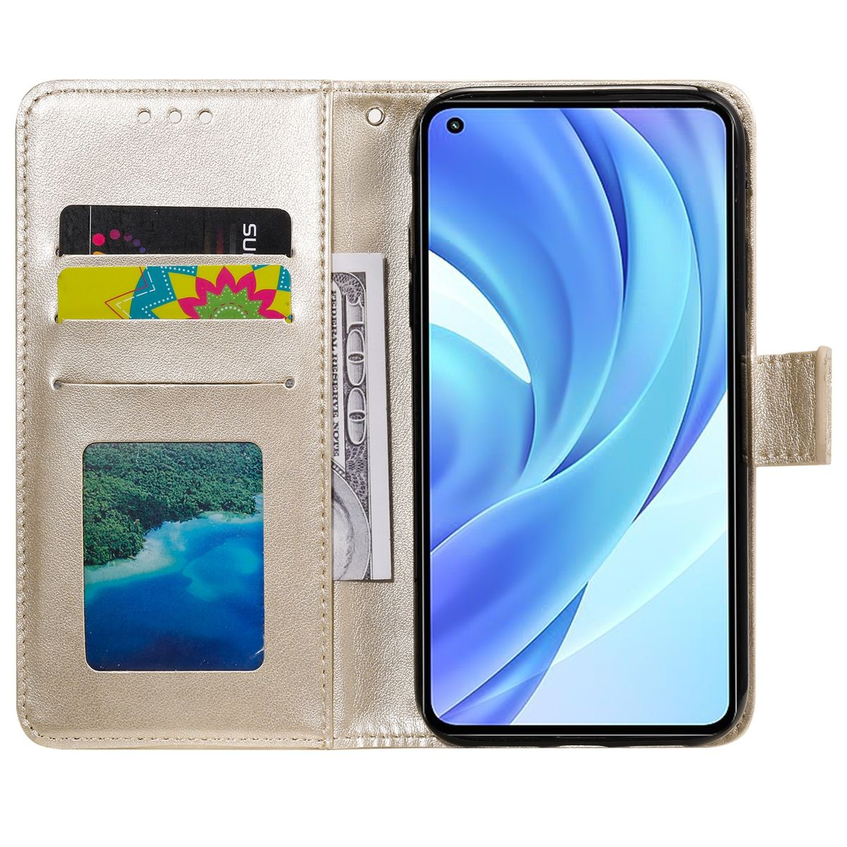 Geöffnete goldene Handyhülle mit Handy und Karten. Der Bildschirm zeigt ein blaues und weißes abstraktes Design.