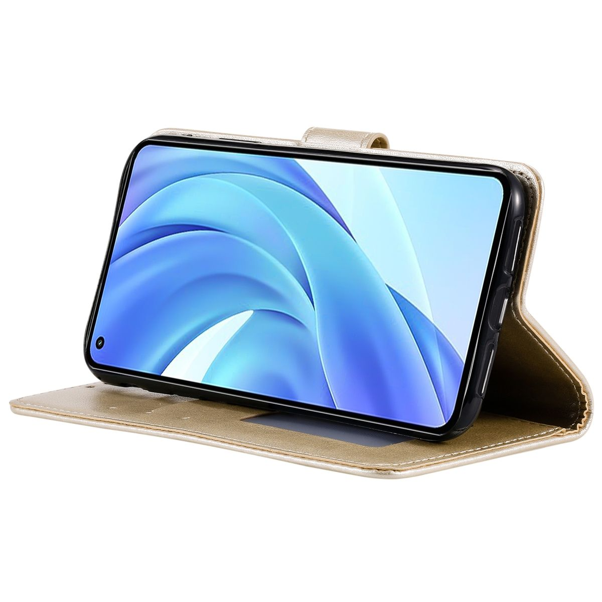 Eine goldene Handyhülle mit einem Telefon im Inneren, abgewinkelt, um den Bildschirm anzuzeigen. Die Handyhülle ist offen.