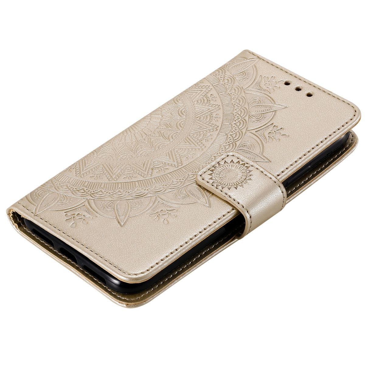 Goldene Handyhülle mit geprägtem Blumendesign, geschlossen, mit Magnetverschluss.