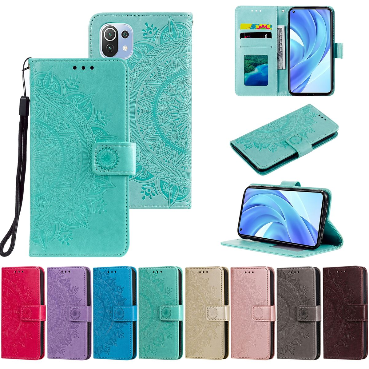 Eine Reihe von Handyhüllen in verschiedenen Farben. Ein Telefon wird in den Hüllen gezeigt.