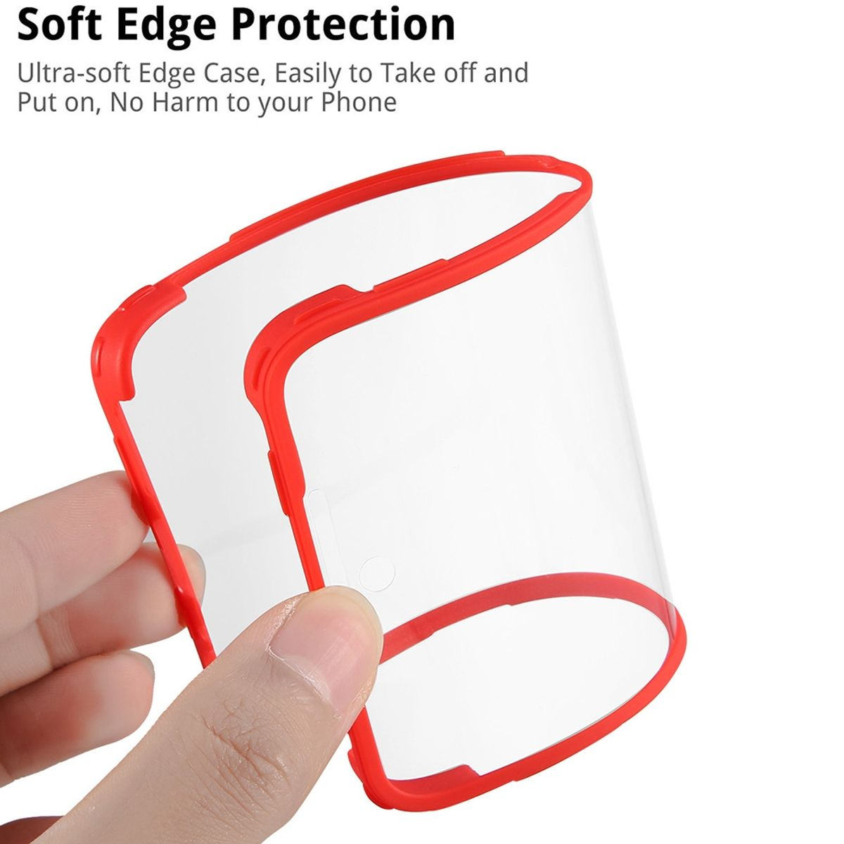 Eine Hand, die eine transparente Handyhülle mit roten Rändern hält. Text: 'Weichkantenschutz'.