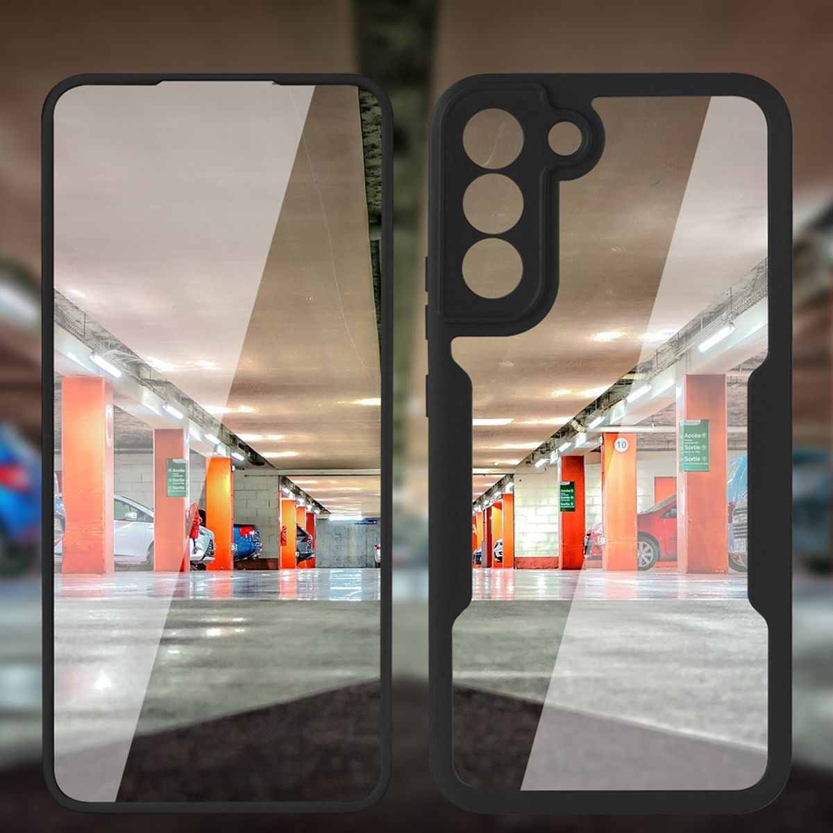 Ein Telefon in einer Hülle. Die Hülle ist klar und der Hintergrund ist eine Parkgarage.