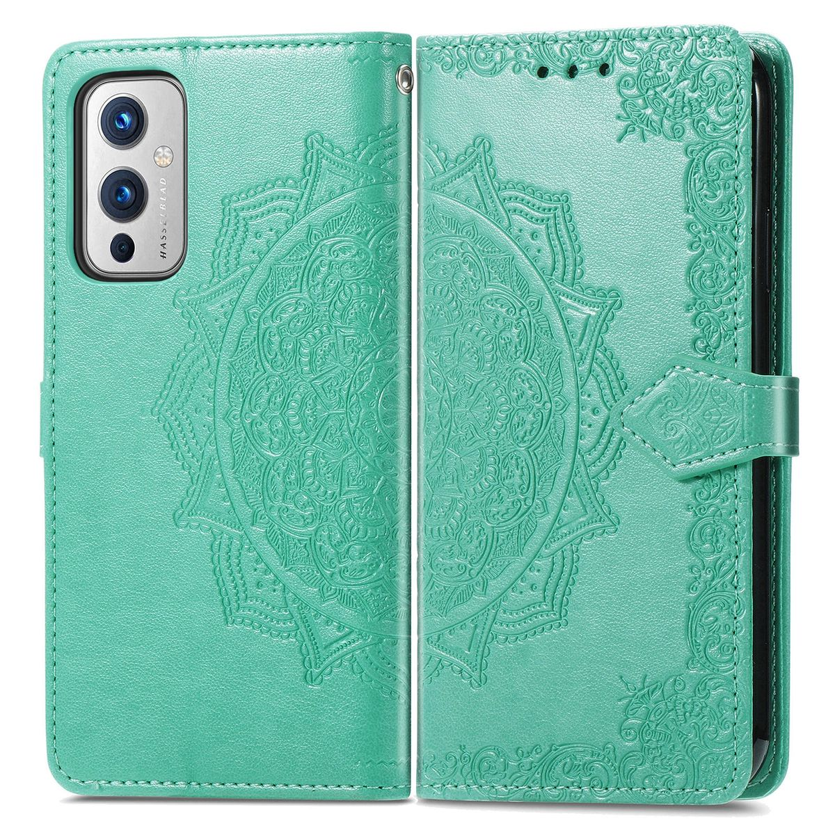 Grüne Handyhülle mit Mandala-Design. Geöffnet, das Telefon rechts zeigend.