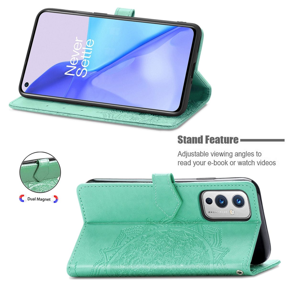Türkisfarbene Handyhülle mit Telefon. Mandala-Design auf der Hülle. Ständerfunktion gezeigt.