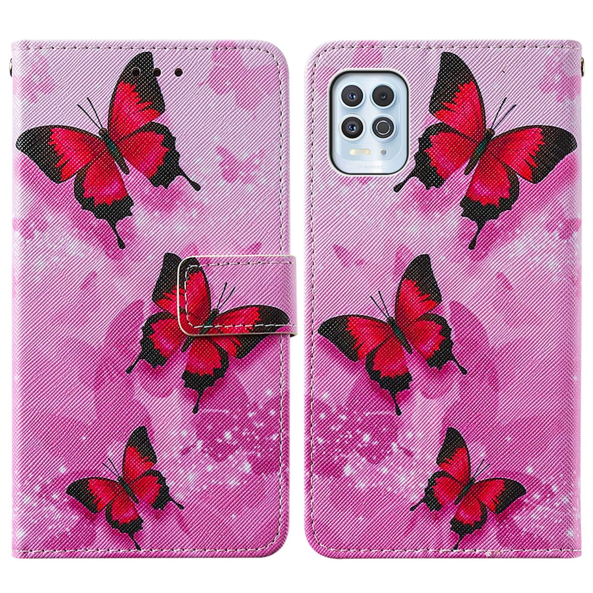 Eine pinkfarbene Handyhülle mit roten Schmetterlingsmustern, geöffnet, Innenraum und Telefonhalter sichtbar.