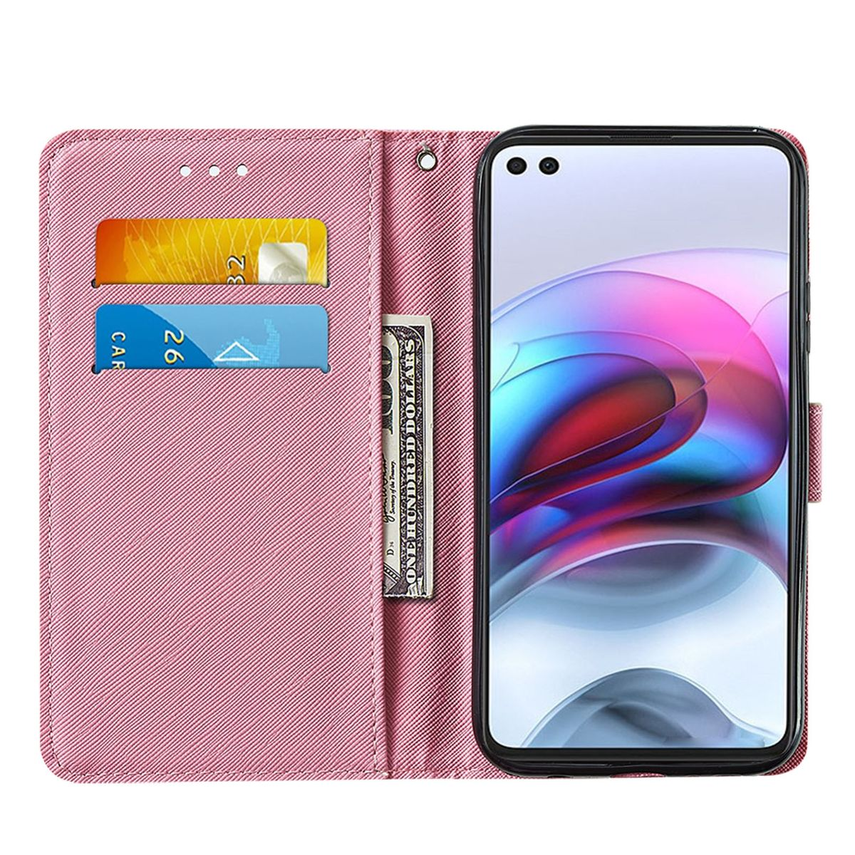 Rosa Handyhülle, offen, mit Karten, Geldschein und Telefon.
