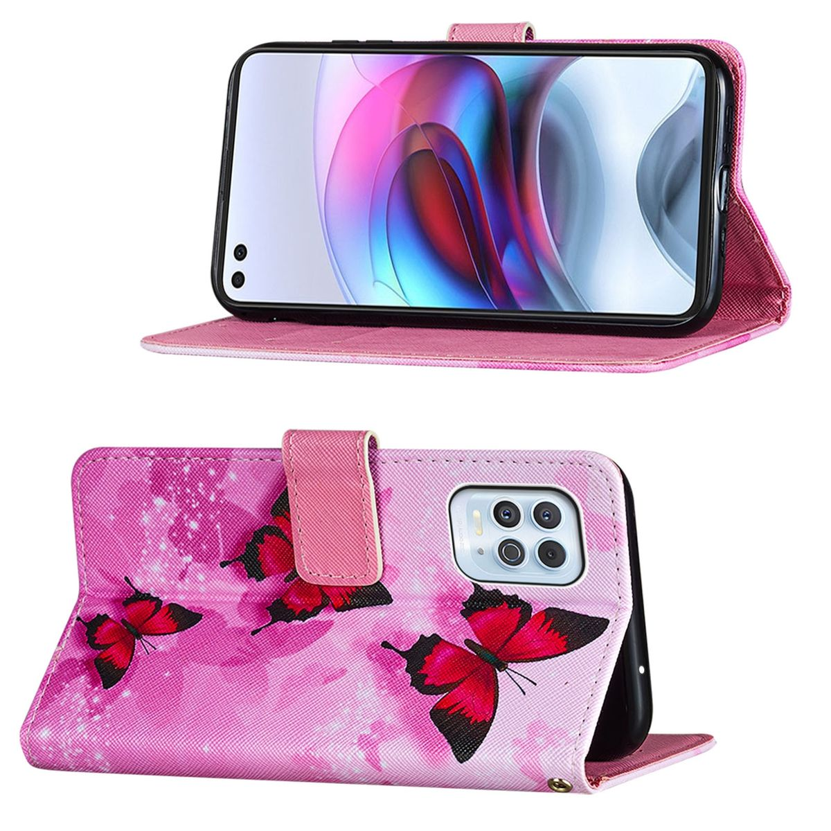 Eine Handyhülle mit Schmetterlingsdesign ist geöffnet und zeigt ein Telefon. Der Hintergrund ist rosa.