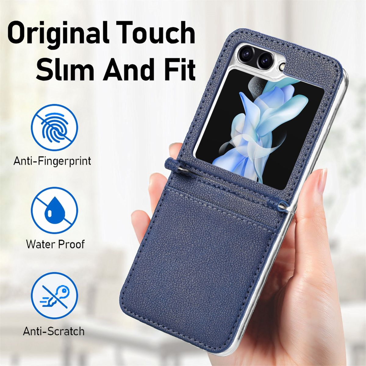 Blaue Handyhülle mit Telefon darin. Text: Original Touch, Slim and Fit. Symbole für Fingerabdruck, Wasser und Kratzer.