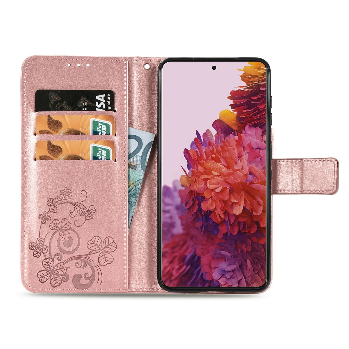 Geöffnete rosa Handyhülle mit Karten, Bargeld und Telefon mit farbigem Display.