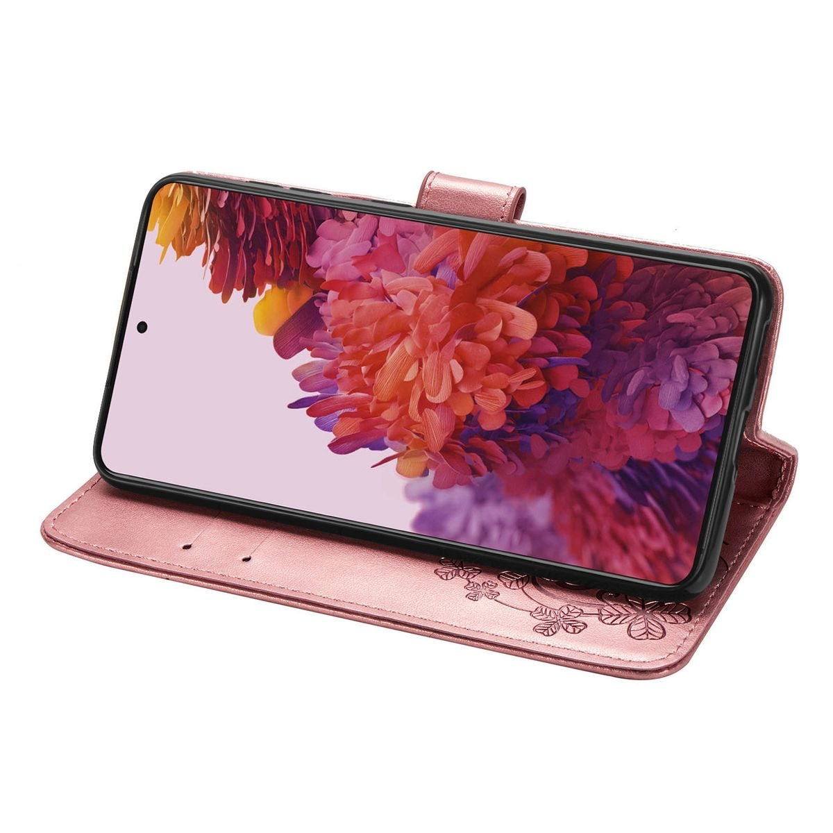 Rosa Handyhülle mit Blumendesign. Ein Telefon zeigt ein Blumenbild. Die Hülle ist offen.