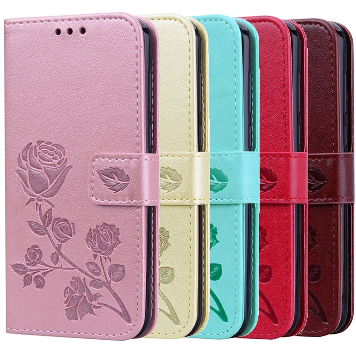Eine Reihe von Leder-Handyhüllen in Rosa, Gelb, Türkis, Rot und Weinrot mit Blumendesigns.