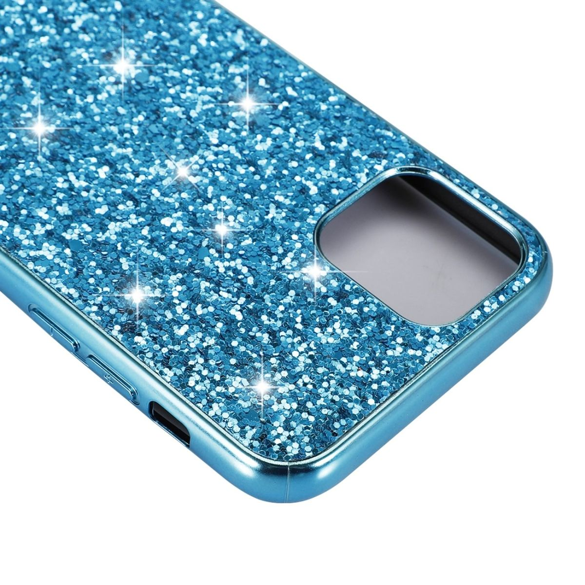Blaue Glitzer-Handyhülle mit Kameraausschnitt.