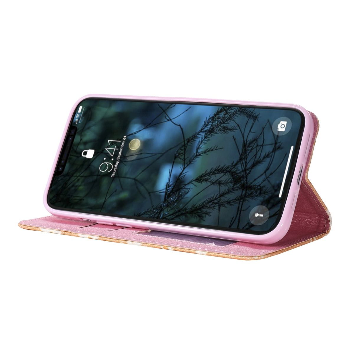 Ein Telefon in einem rosa Gehäuse, das Gehäuse ist offen und zeigt die Uhrzeit auf dem Bildschirm.