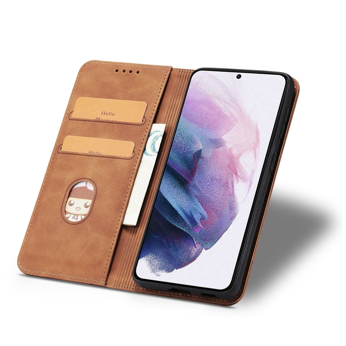 Braune Handyhülle mit Telefon, Kreditkarten und Bargeld. Die Hülle ist offen, mit einer Cartoonfigur.