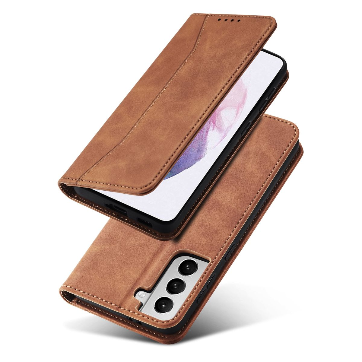 Braune Handyhülle, offen, mit Telefon darin. Telefonkamera sichtbar. Weißer Hintergrund.