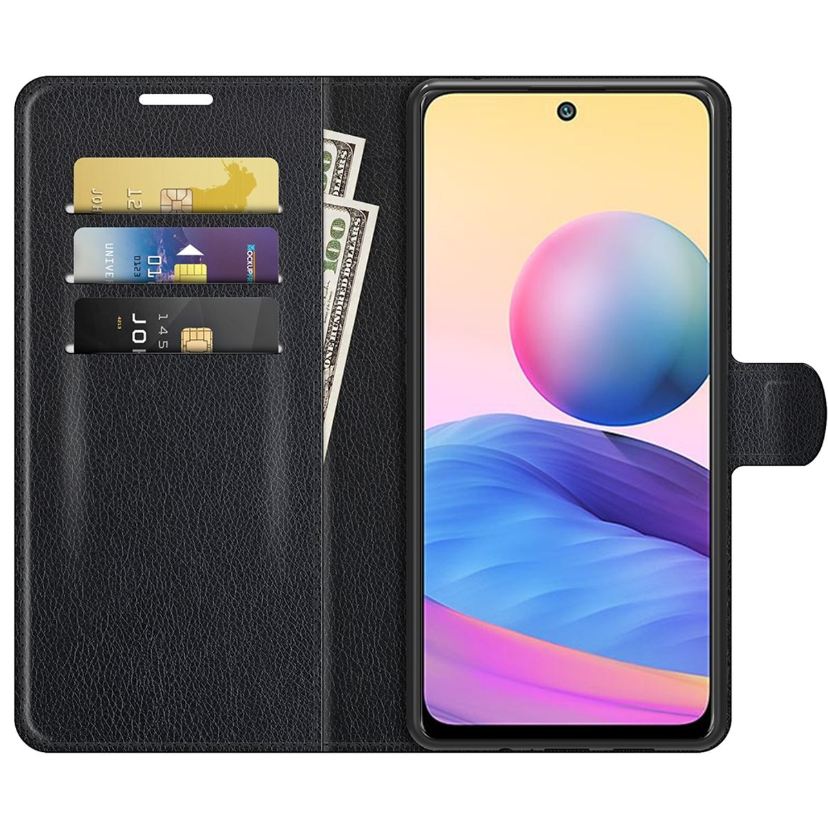 Schwarze Leder-Wallet-Hülle mit Telefon, Karten und Geld. Karten sind sichtbar.
