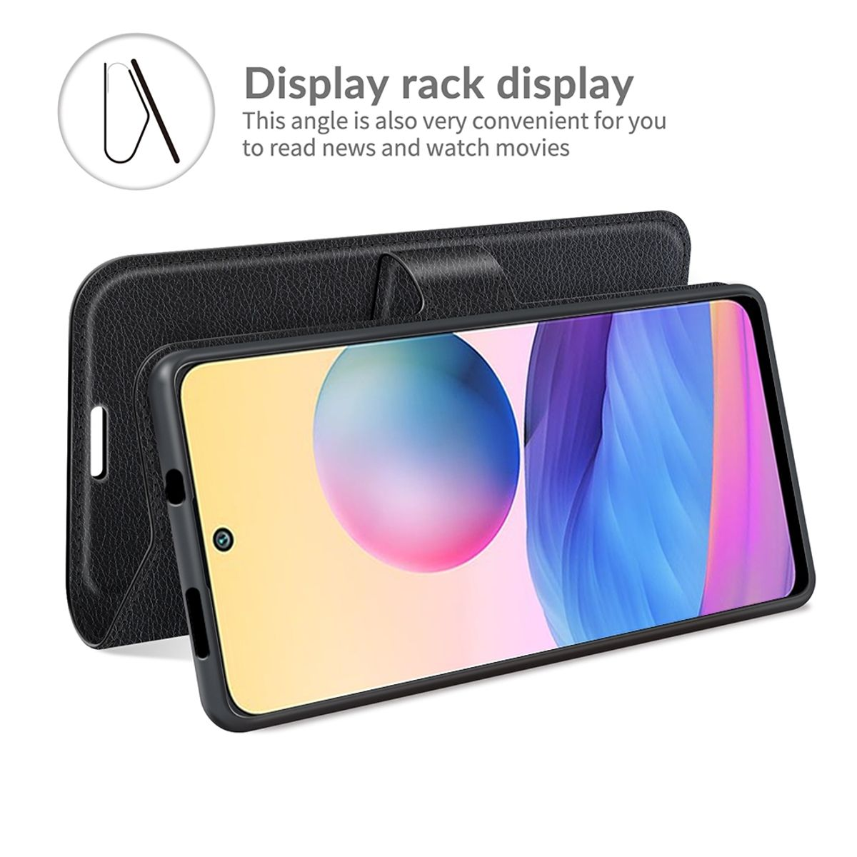 Eine Handyhülle mit einer Display-Rack-Anzeige neben einem Telefon mit einem Bildschirm.