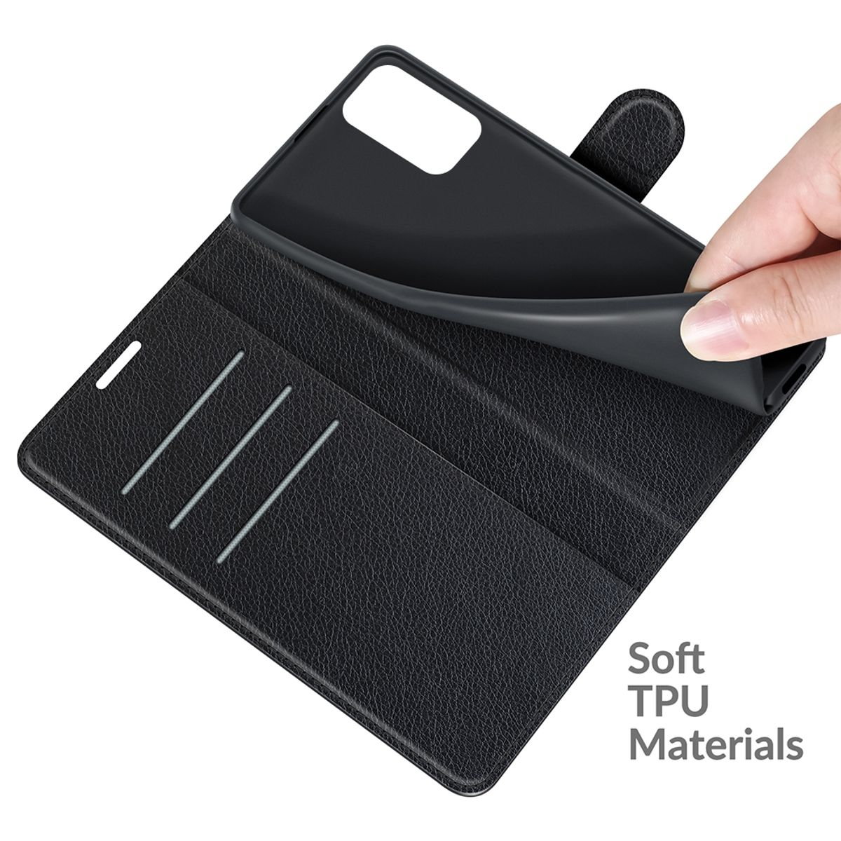 Eine Hand, die das schwarze TPU-Material von einer schwarzen Handyhülle abzieht. Der Text lautet 'Soft TPU Materials'.