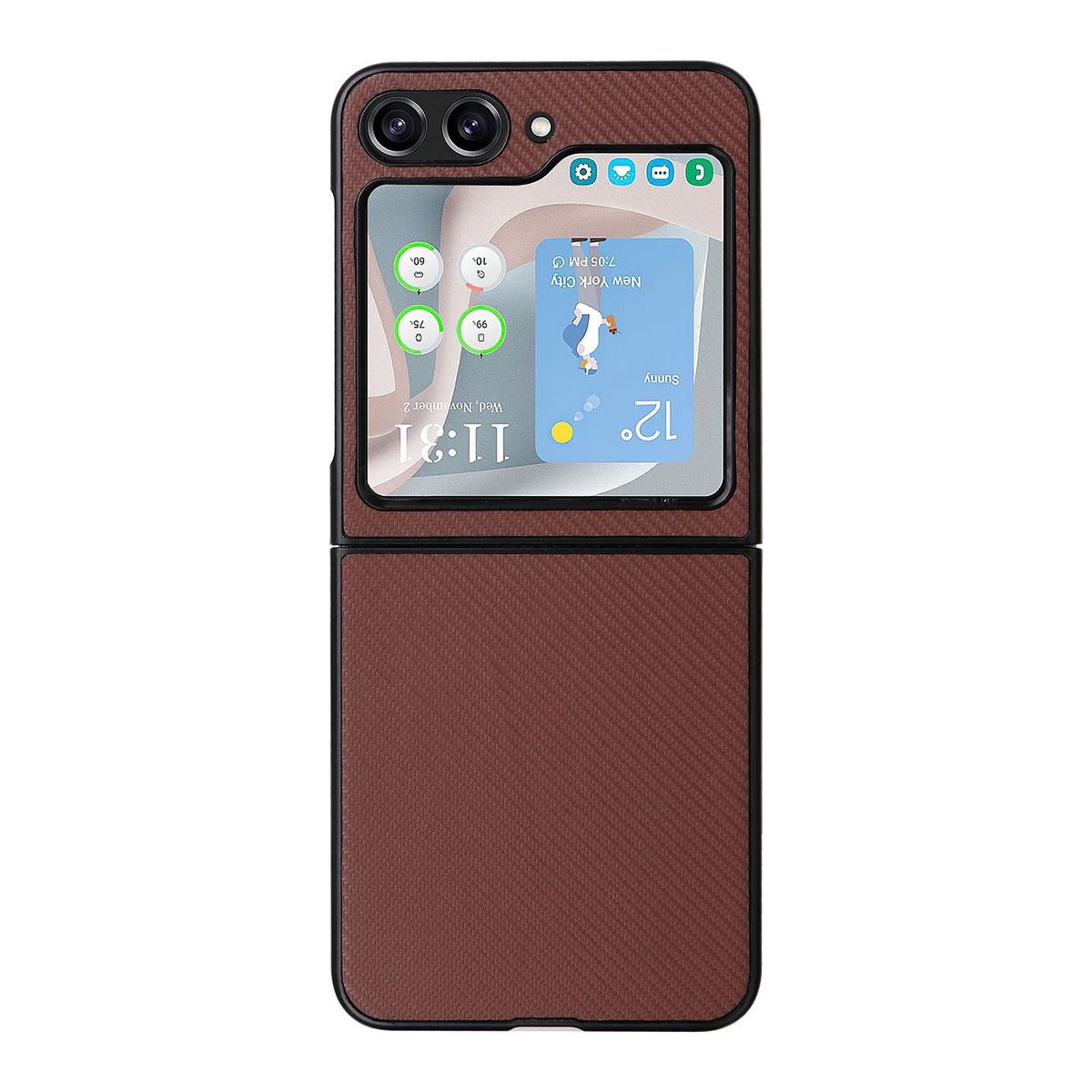 Braune Handyhülle, geöffnet, um das Telefon mit Widgets zu zeigen. Das Telefon ist geöffnet und angezeigt.