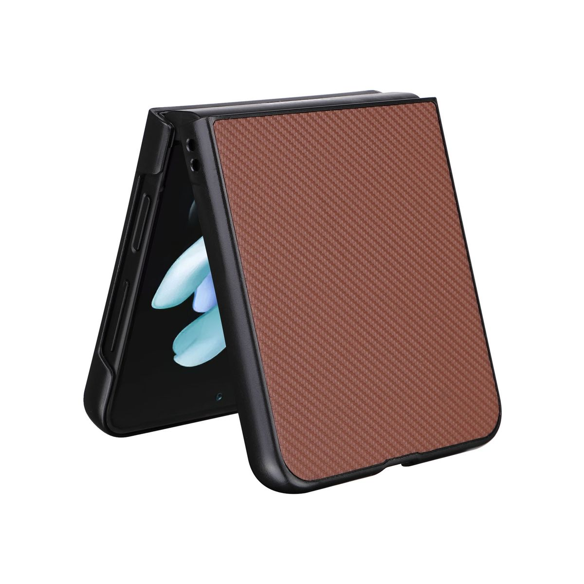 Eine schwarze Handyhülle mit braunem Karbonfaser-Design. Das Telefon ist geöffnet.