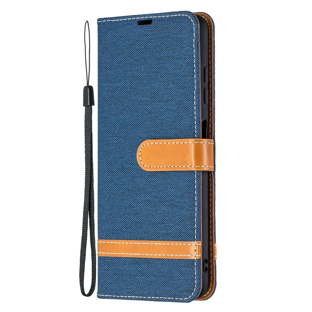 Blaue Handyhülle mit braunen Akzenten. Telefon ist in der Hülle, mit Riemen verschlossen.
