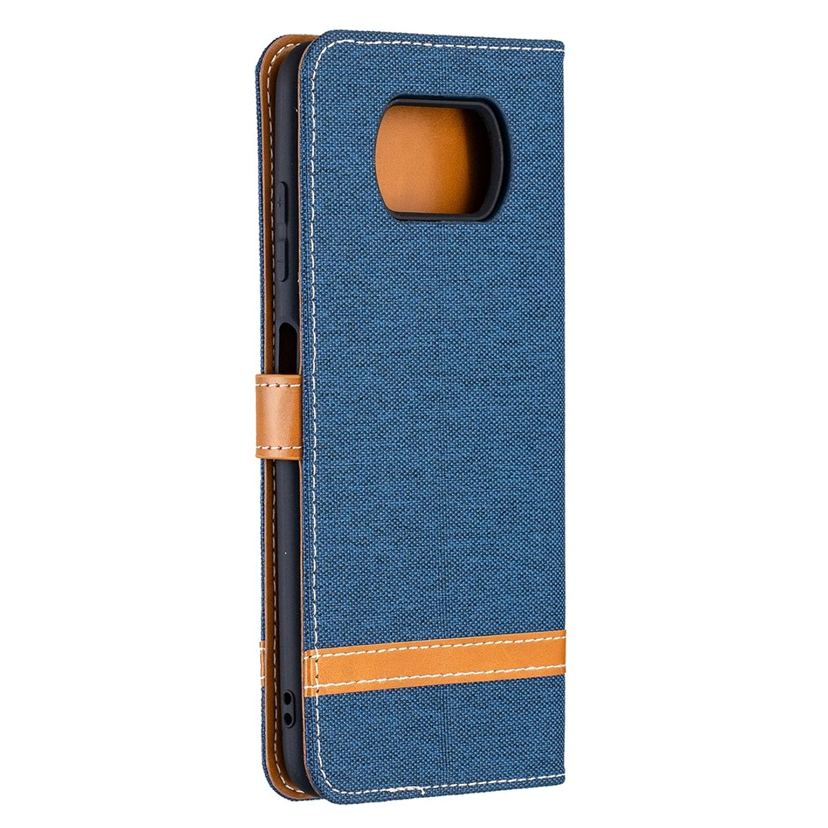 Ein blaues Handycase mit einem braunen Lederstreifen. Es hat ein Telefon im Inneren und einen Verschluss.