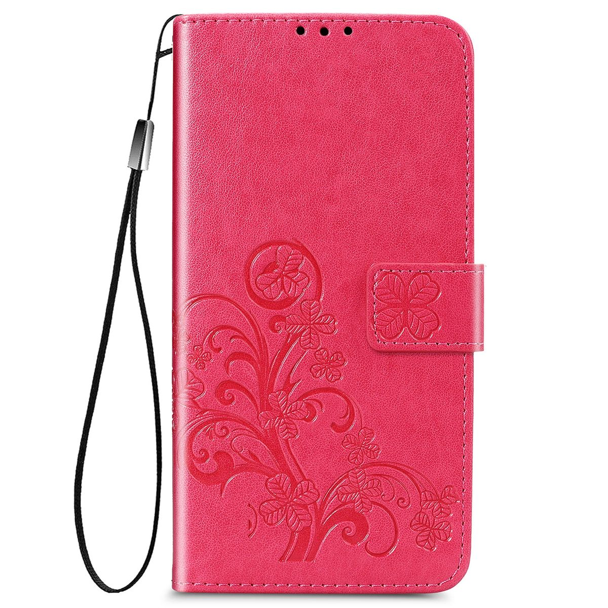 Rosa Handyhülle mit floralem Design und Riemen.