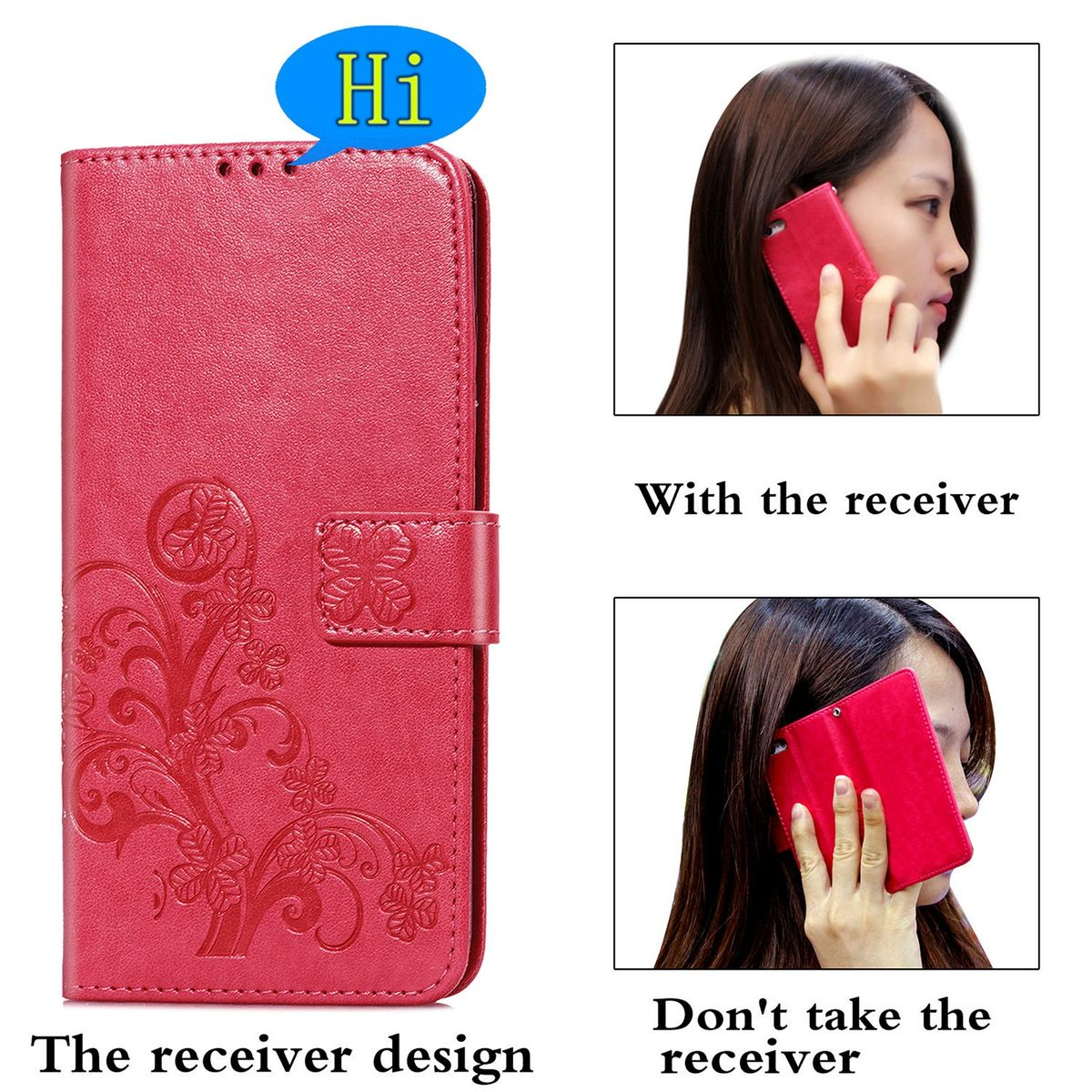 Rote Handyhülle mit floralem Design. Zeigt die Telefonnutzung.