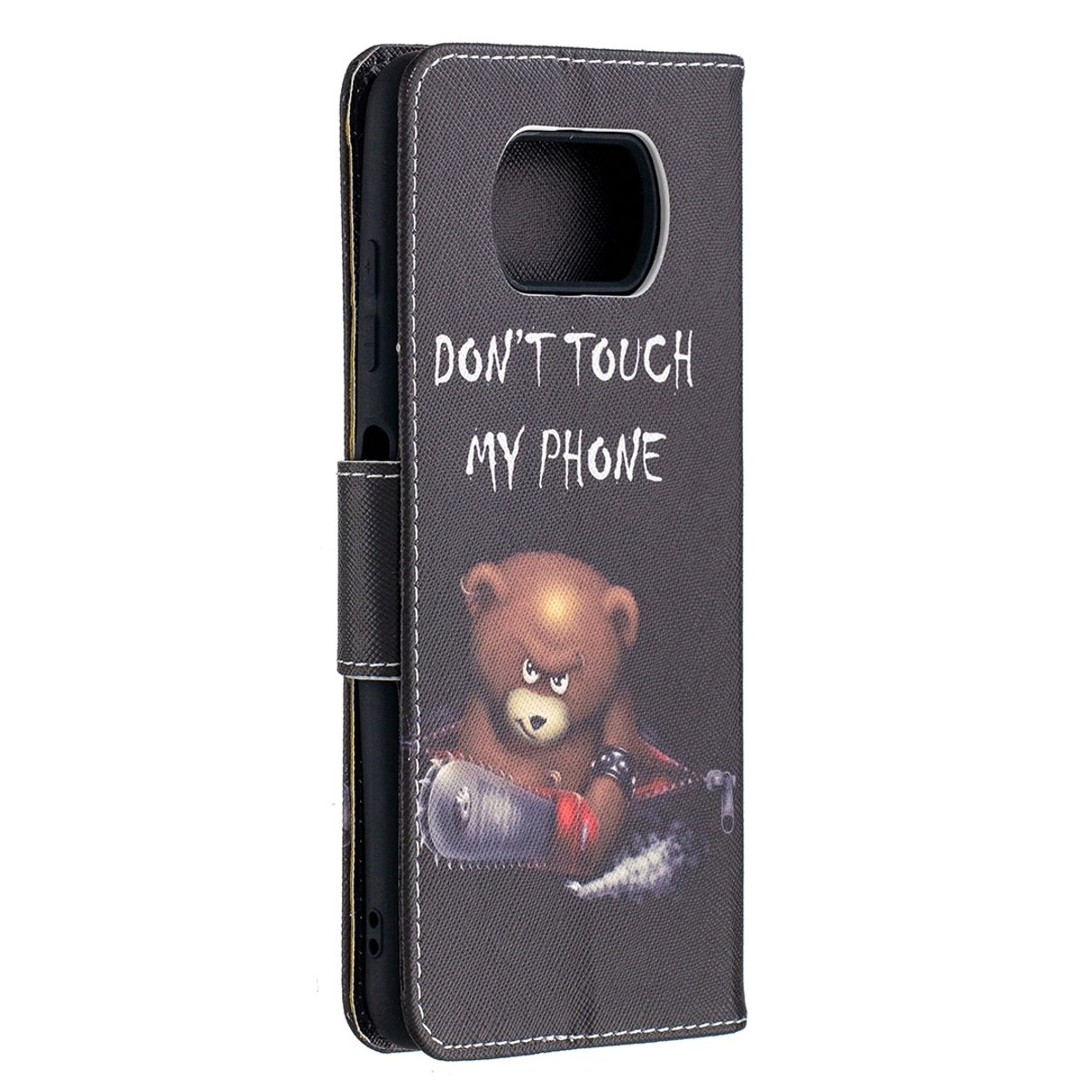 Handyhülle mit Bär mit Säge. Text: Don't touch my phone. Schwarzer Hintergrund.
