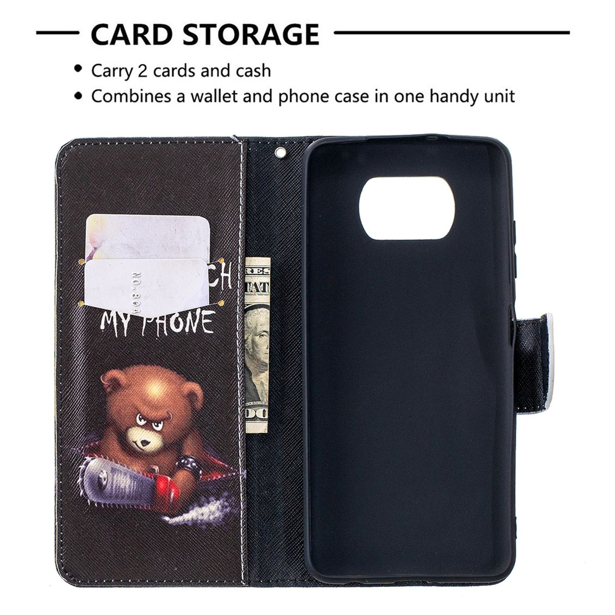 Schwarze Handyhülle mit Bärenaufdruck, geöffnet mit Karten und Bargeld. Text: MY PHONE.