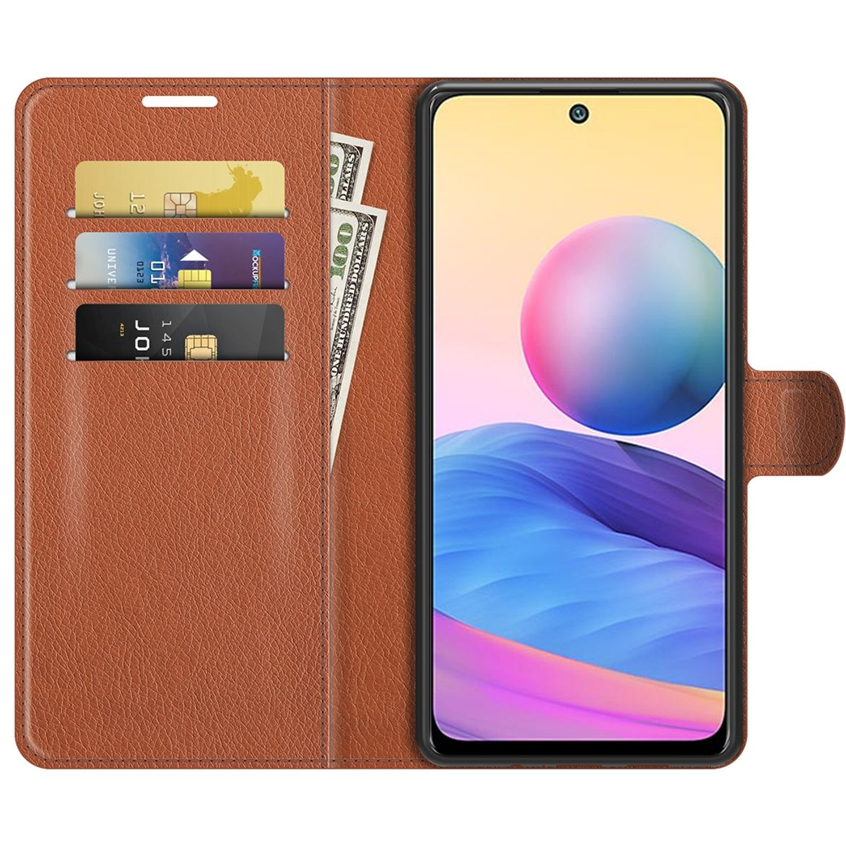 Braune Handyhülle, mit Telefon, Karten und Geld. Gehäuse aus braunem Leder.