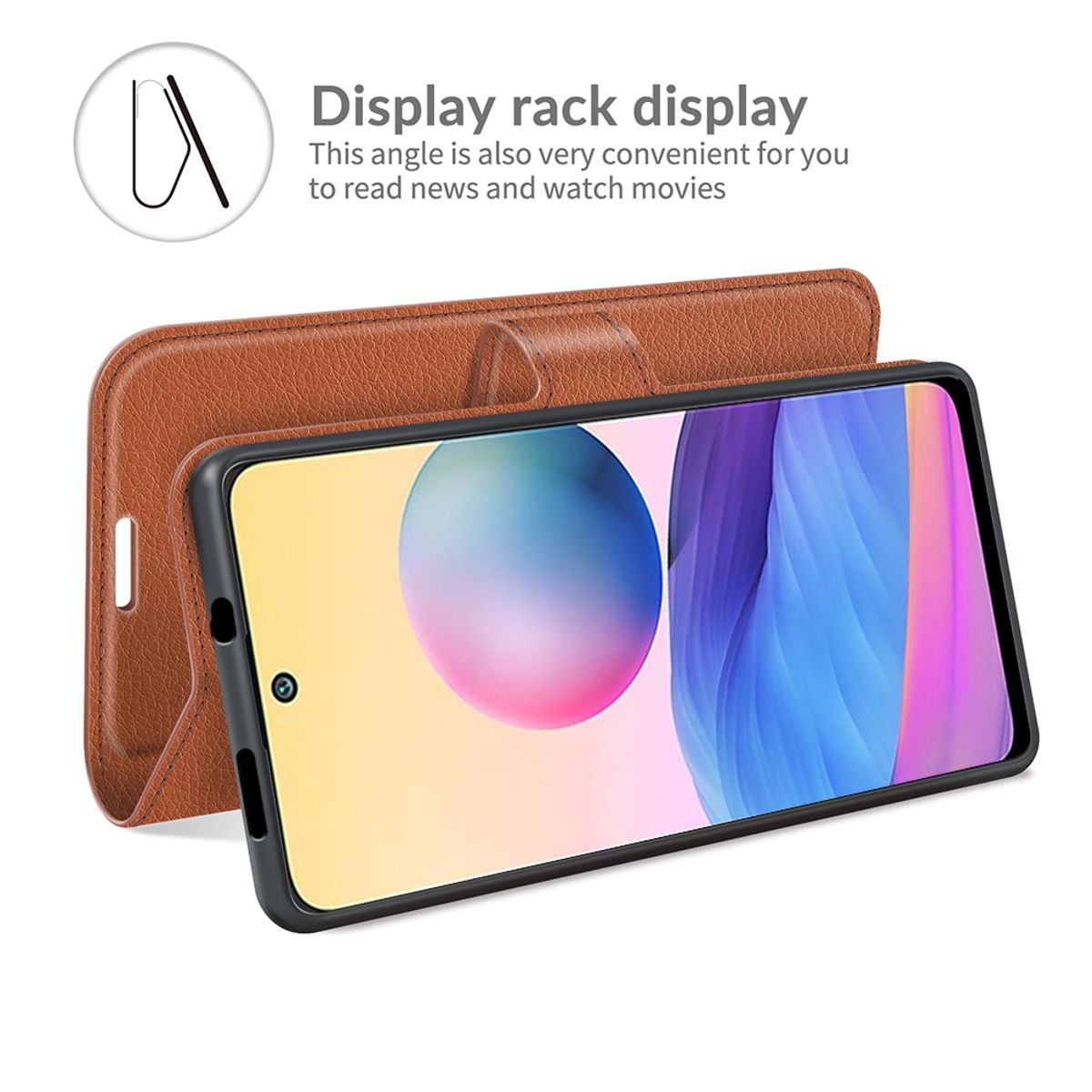 Geöffnete braune Handyhülle, die ein Telefon in einem Winkel zum Betrachten und Lesen zeigt.