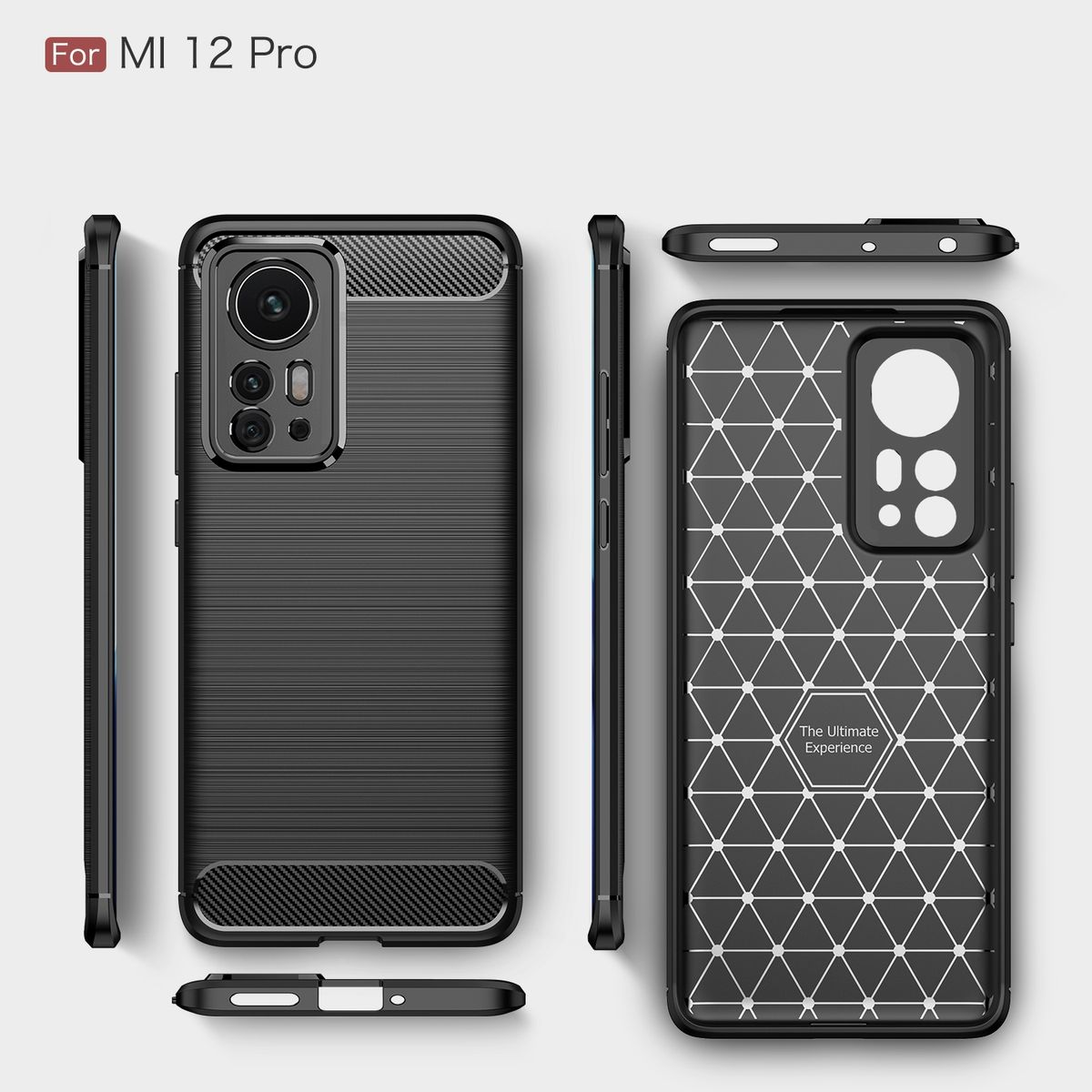 Handyhülle für MI 12 Pro in verschiedenen Ansichten. Schwarze, strukturierte Hülle mit mehreren Winkeln.