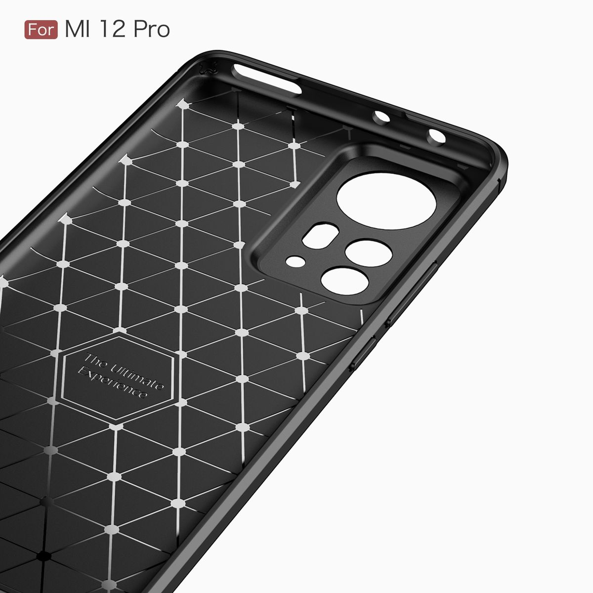 Schwarze Handyhülle. Die Innenseite hat ein geometrisches Muster. Das Telefon wird darin sein.