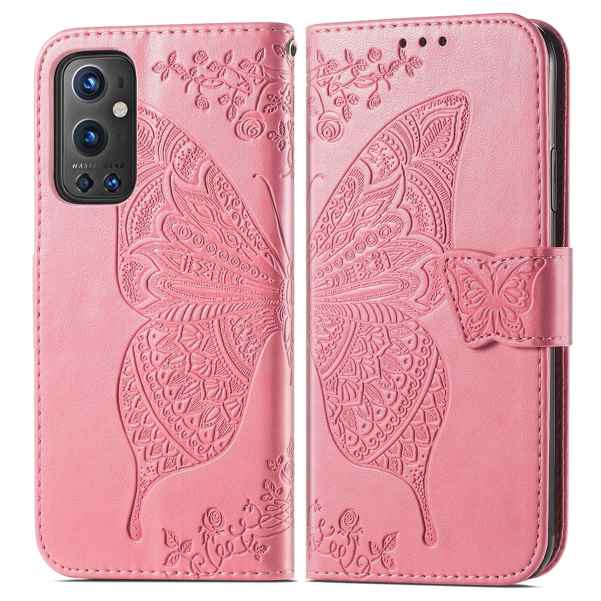 Rosa Handyhülle, gefaltet. Die Hülle hat ein Schmetterlingsdesign. Das Telefon hat eine Dreifachkamera.