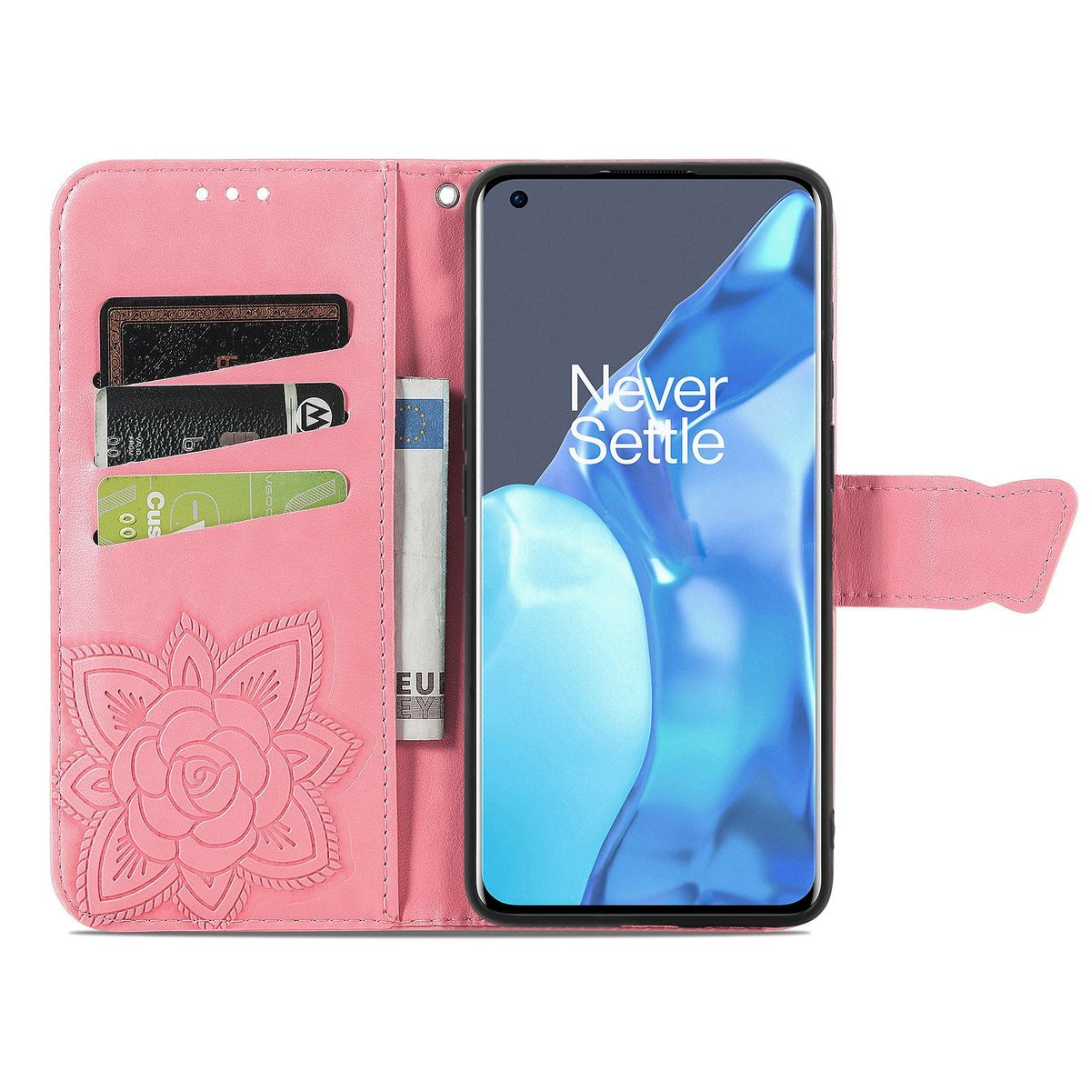 Offene rosa Handyhülle mit Telefon. Die Hülle hat Kartenfächer und ein Blumendesign.