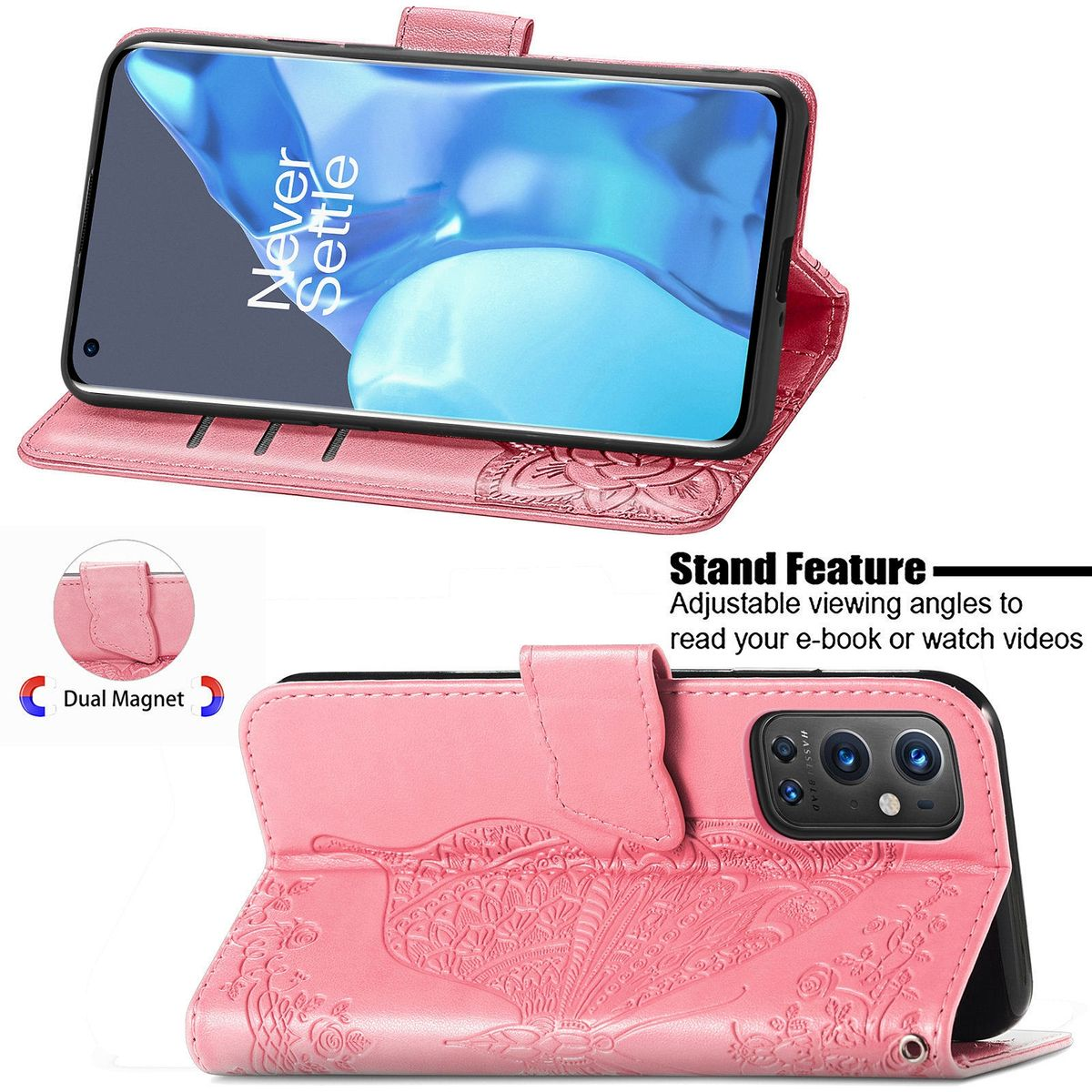 Geöffnete rosa Handyhülle mit Telefon. Sie hat ein Schmetterlingsdesign und eine Dual-Magnet-Funktion.