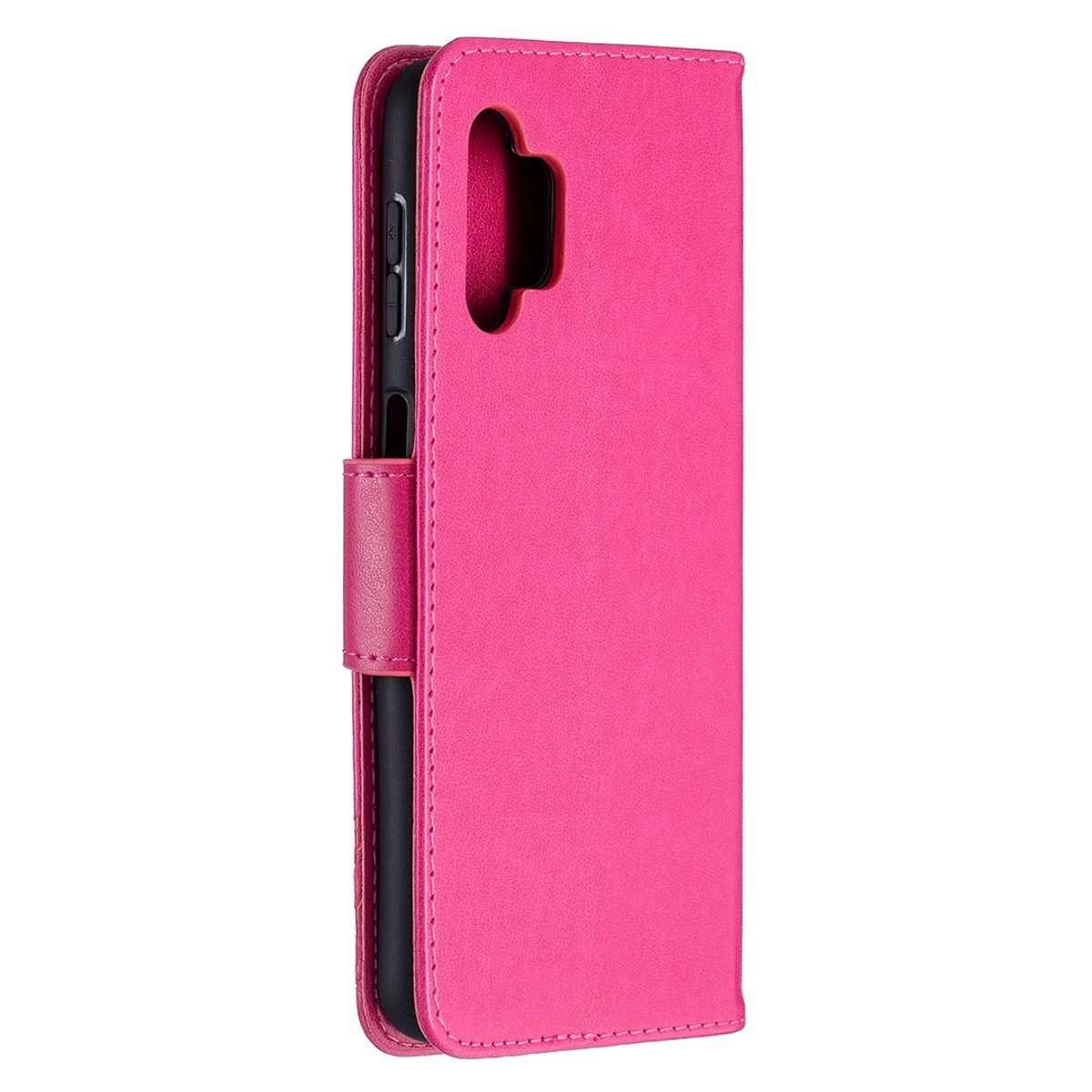 Pinke Handyhülle. Seitenansicht, geschlossen. Lederartiges Material.