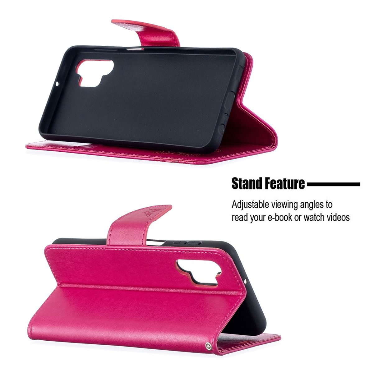 Pinkfarbene Handyhülle in Ständerposition. Handyhülle mit Telefon, rosa Leder und Ständerfunktion.