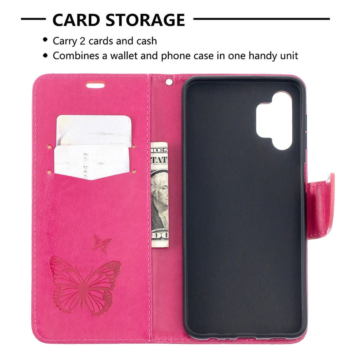 Geöffnete rosa Handyhülle mit Kartenfächern, Dollarnote und schwarzem Telefonhalter rechts.