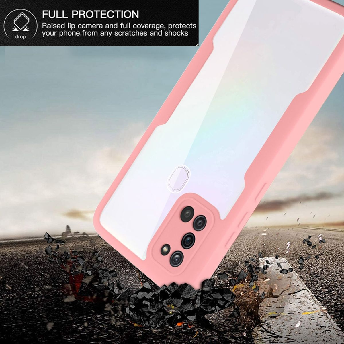 Pinkfarbene Handyhülle auf zerbrochenem Boden. Die Hülle schützt das Telefon. Die Hülle liegt am Boden.