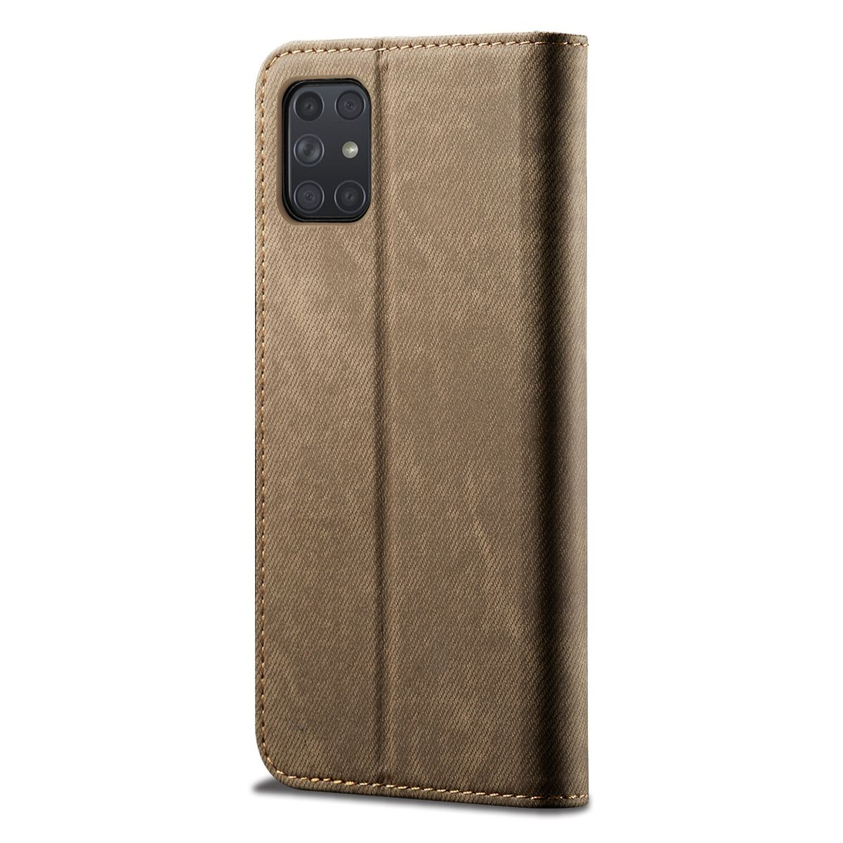 Braune Handyhülle mit Telefon. Die Hülle ist geschlossen und zeigt die Rückseite des Telefons.