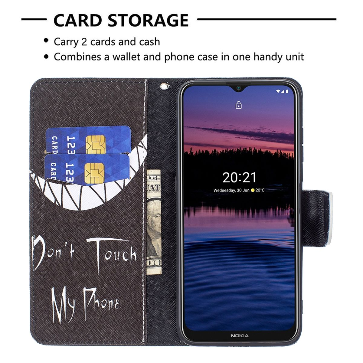 Schwarze Handyhülle mit Bildschirm, der Zeit und Datum anzeigt, Kartenfächern mit Karten und Bargeld. Text: Don't Touch My Phone.