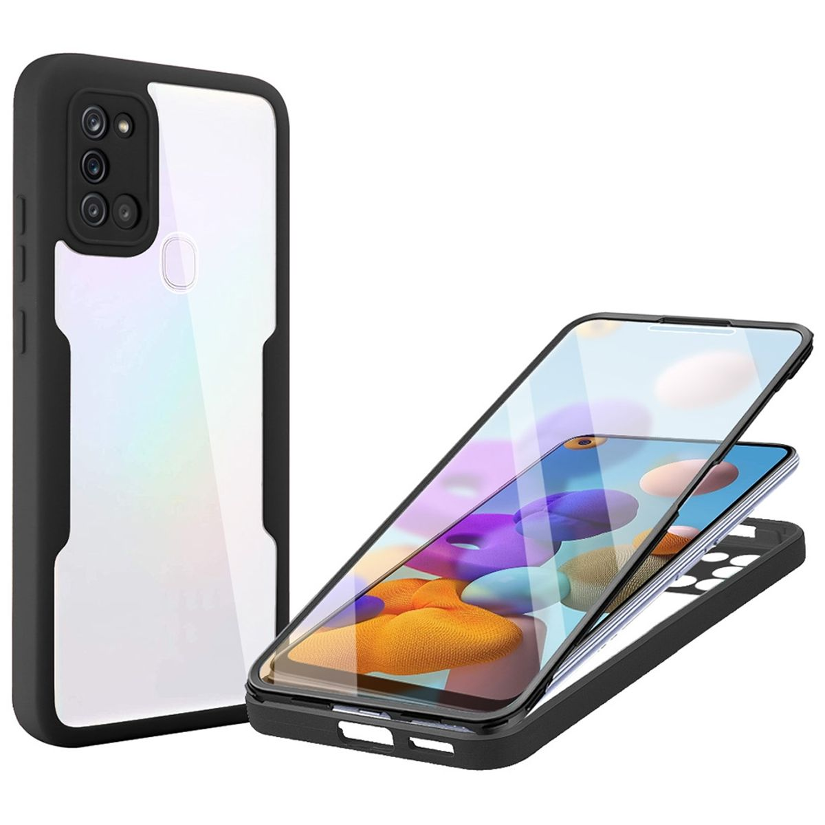 Schwarze und transparente Handyhülle auf weißem Hintergrund. Ein Telefon ist drin, mit Glas.