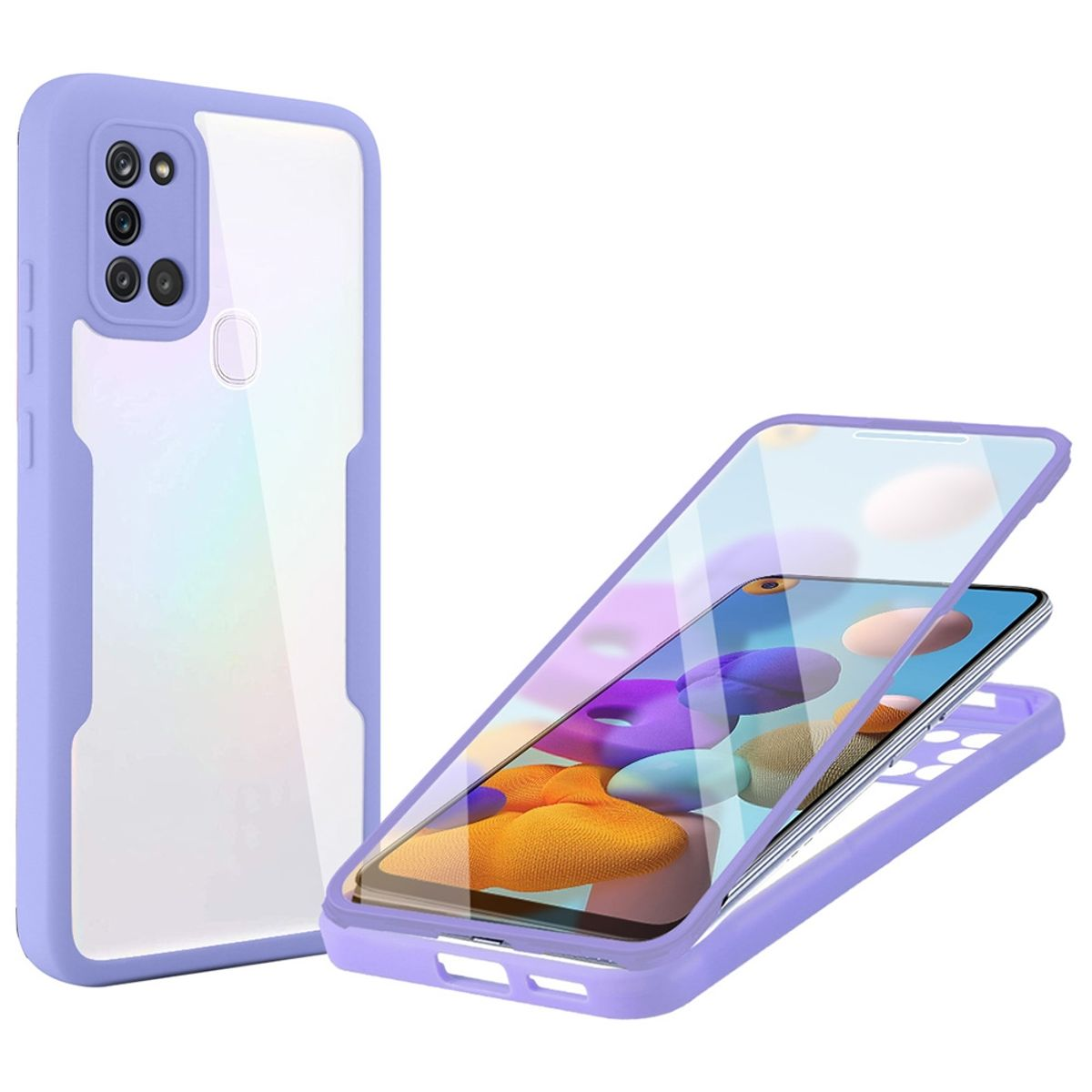Lila Handyhülle mit transparentem Bildschirm. Telefon darin. Weißer Hintergrund.